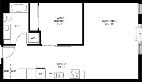 Floor plan for 1 bed, 1 bath, 788 sqft